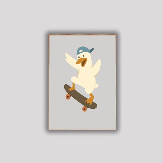 Funny Goose On Skateboard Poster Silly Duck Wall Art Whimsical Bird Print Cool Animal Decor For Pet And Skate Fans