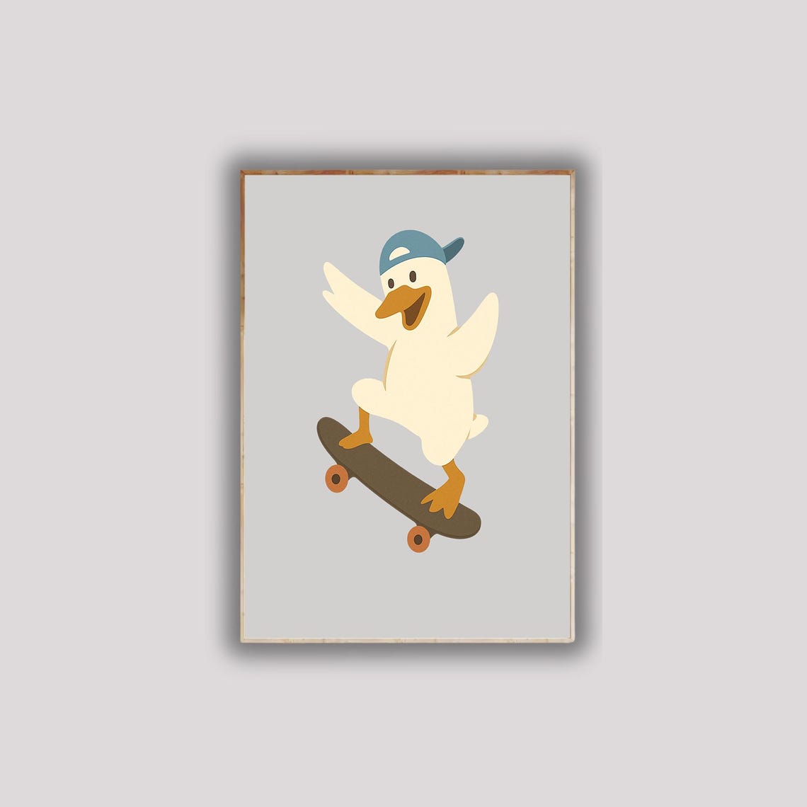 Happy Duck On Skateboard Blue Cap Cute Cartoon Bird Fun Poster