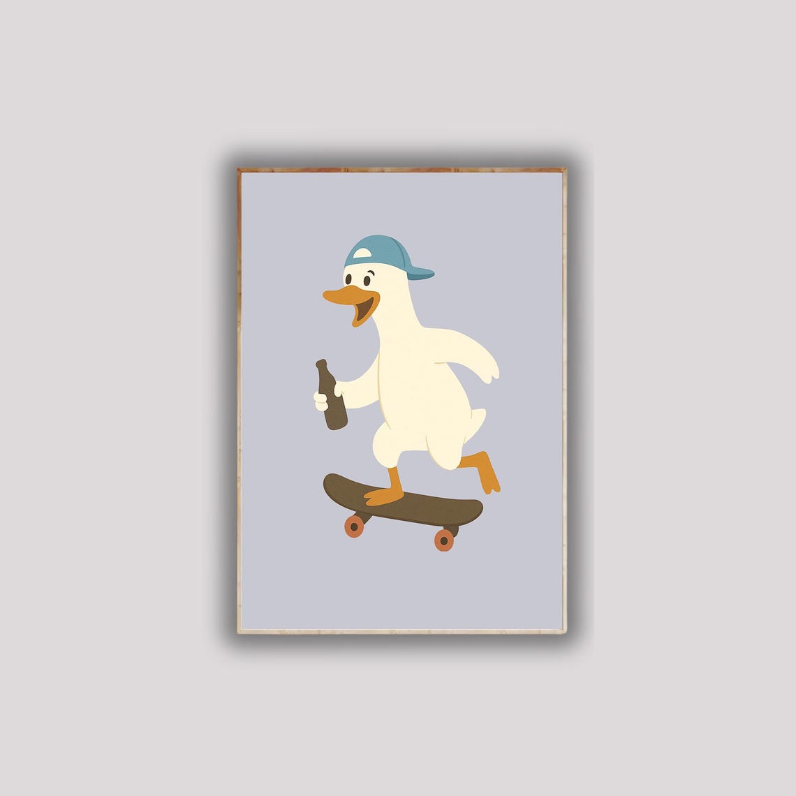 Funny Goose on Skateboard with Bottle Blue Cap Cartoon Print