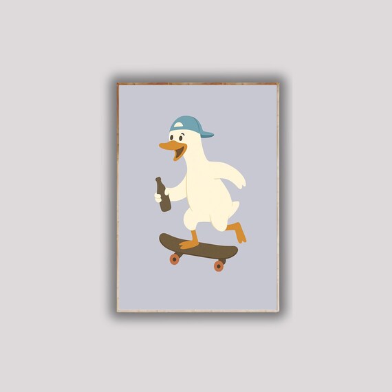Silly Goose On Skateboard With Bottle Poster Funny Duck Wall Art Quirky Bird Print Hilarious Animal Decor For Pet Lovers