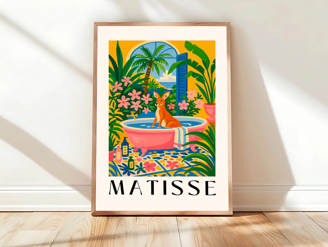 Kangaroo in Pink Bathtub Matisse Style Maximalist Bathroom Poster