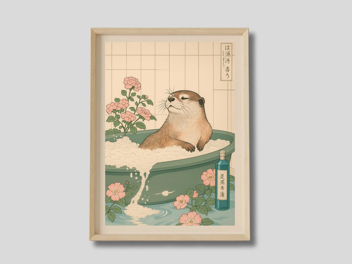 Funny Otter Art Print Japanese Bathroom Relaxation Japandi Poster Minimalism Artwork Neutral Wall