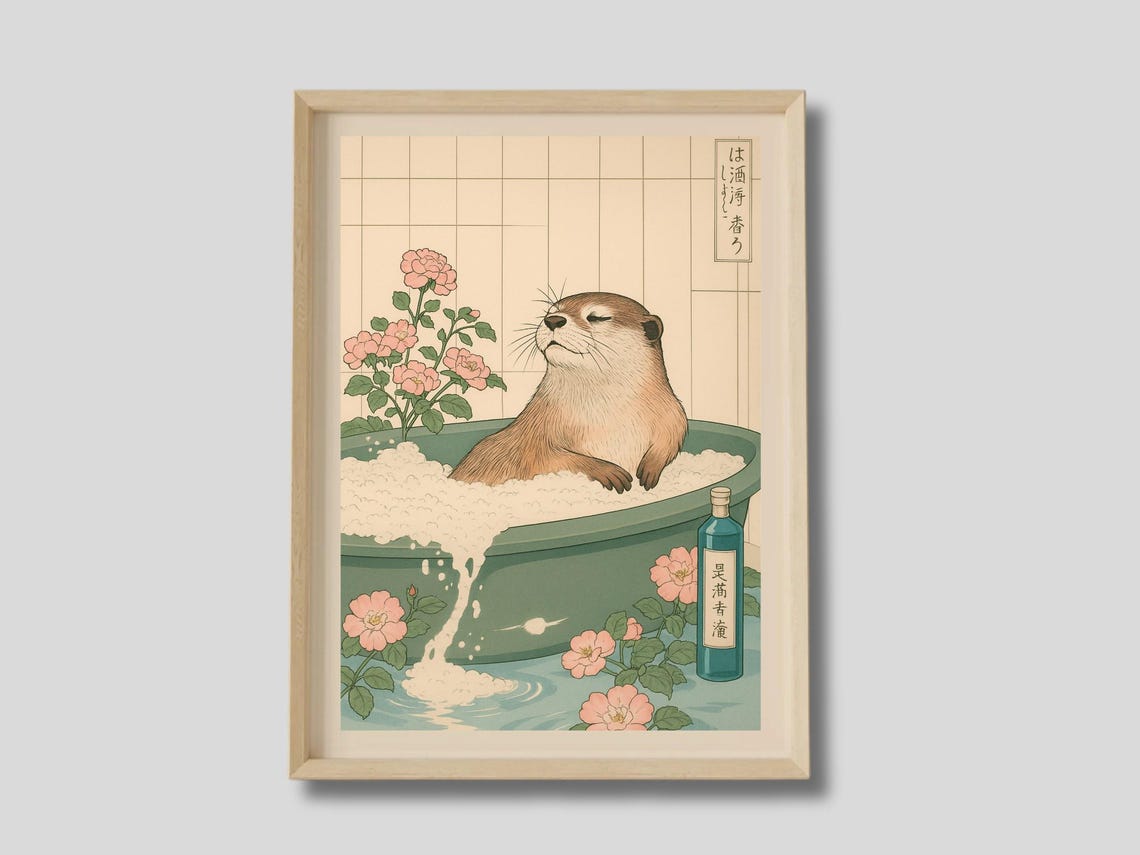 Japanese Otter Relaxing in Bathtub Floral Bathroom Art Poster