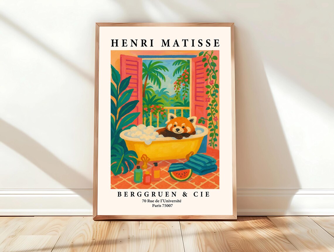 Red Panda In Bathtub Funny Poster Matisse Print Bathroom Decor Pink Tropical Art