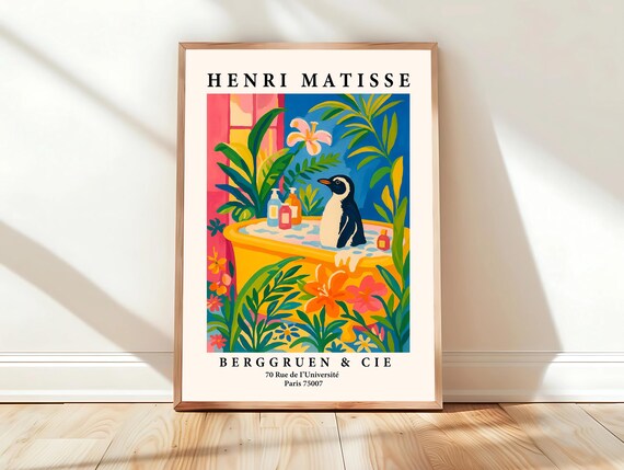 Dapper Penguin in Bathtub Matisse Style Tropical Funny Poster