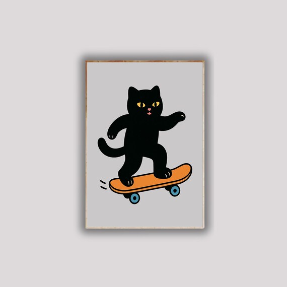 Black Cat Riding Skateboard Cute Cartoon Cool Kitty Wall Poster