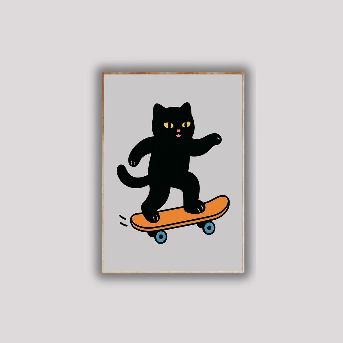 Black Cat Riding Skateboard Cute Cartoon Cool Kitty Wall Poster