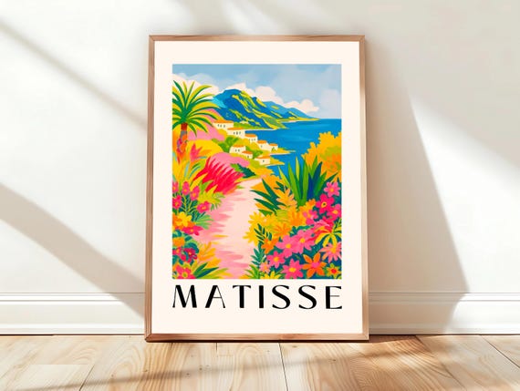 Beachy Dopamine Decor Mediterranean Town Art Print In Henri Matisse Style Tropical Paradise Poster