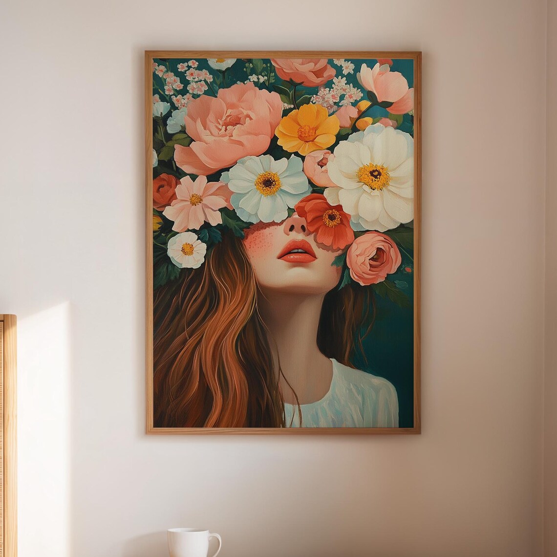 Colorful Floral Crown Canvas Wall Art Feminine Portrait With Bold Flowers Modern Botanical Oil Painting For Bedroom Or Living Room