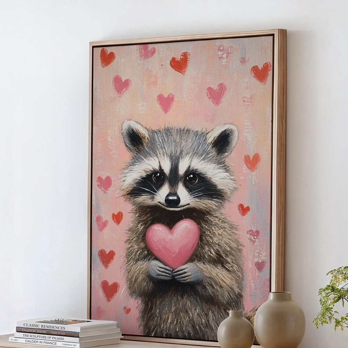 Raccoon Holding Pink Heart Cute Woodland Animal Love Whimsical Poster