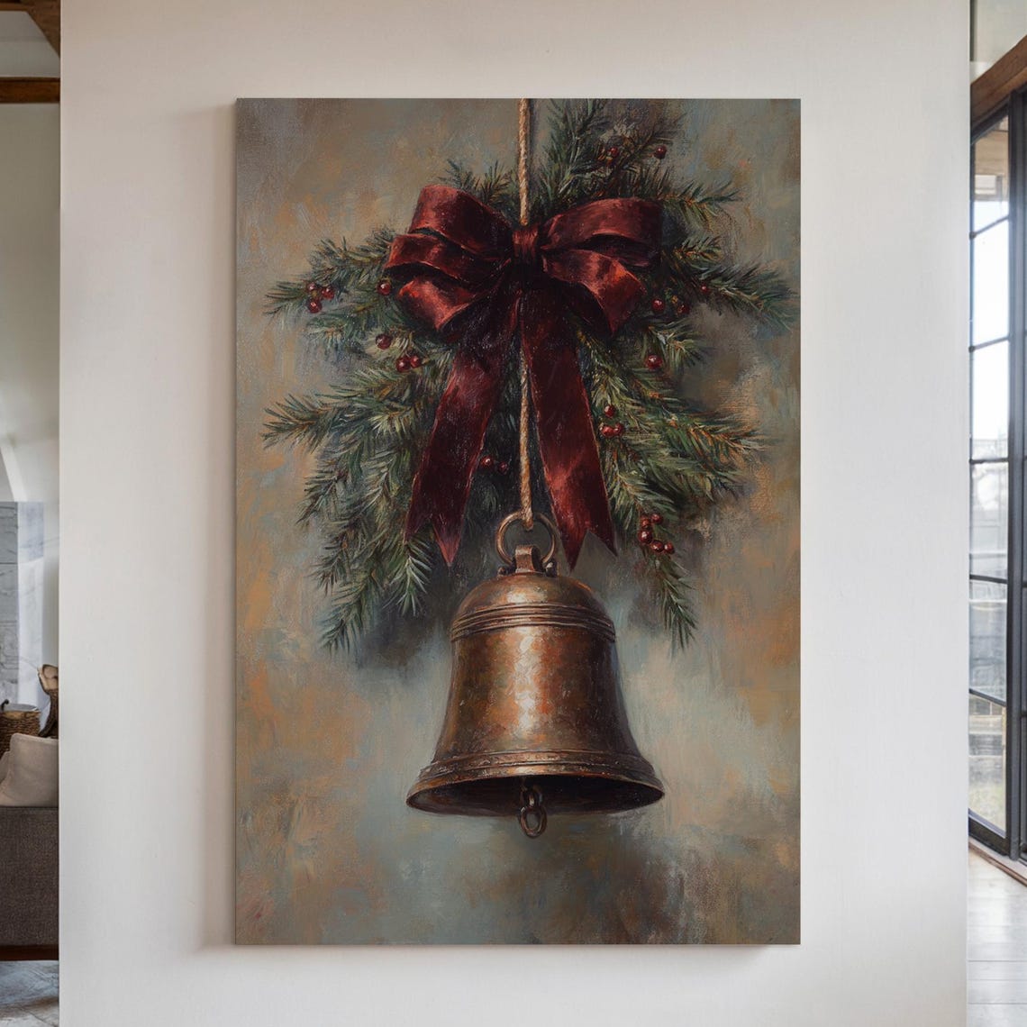 Antique Bronze Bell With Pine Garland And Red Velvet Bow Poster