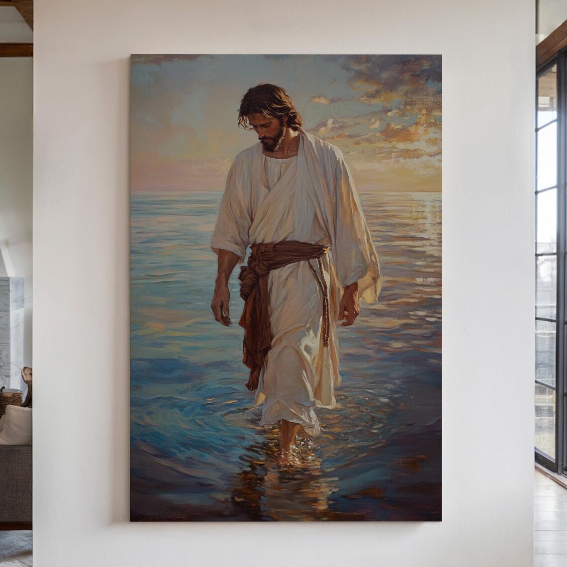 Jesus Walking On Water At Sunset Inspirational Christian Faith Poster