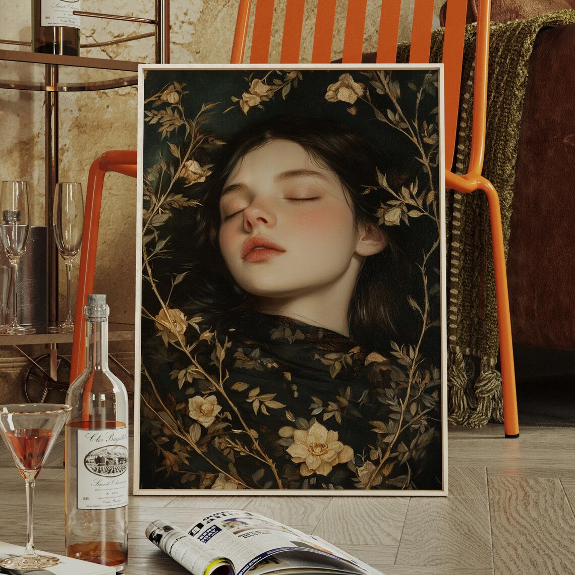 Woman With Closed Eyes Among Golden Blooms Floral Portrait Poster