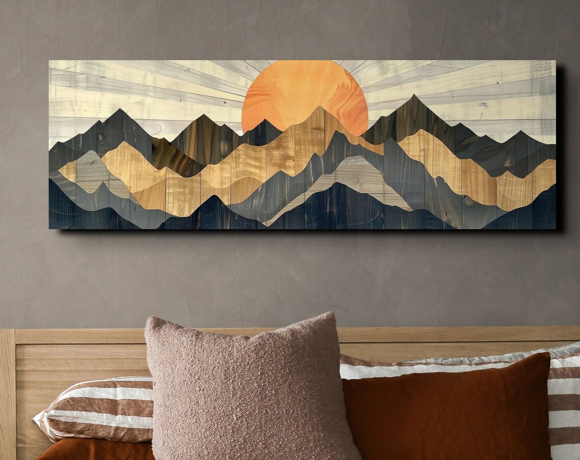 Wood Style Mountain Range Layered Peaks with Sunrise Art Poster