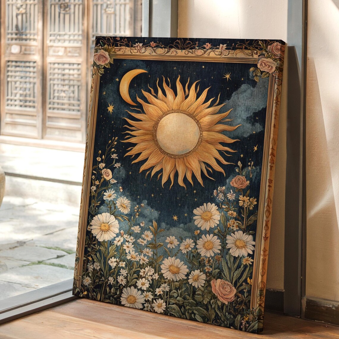 Vintage Sun And Moon Floral With Daisies And Roses Night Poster