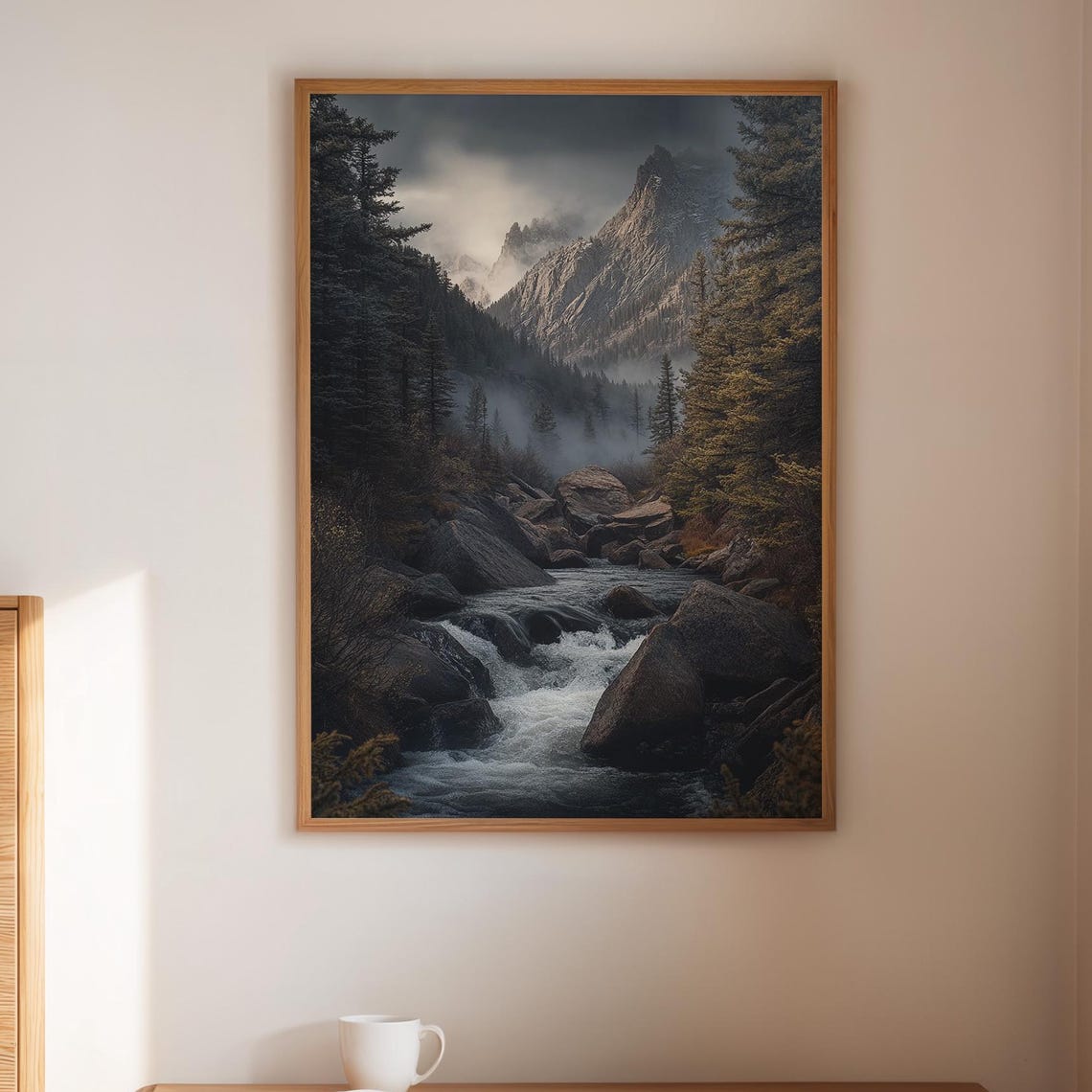 Misty Mountain River Canvas Wall Art Moody Forest Stream Landscape For Rustic Lodge Or Cabin Decor