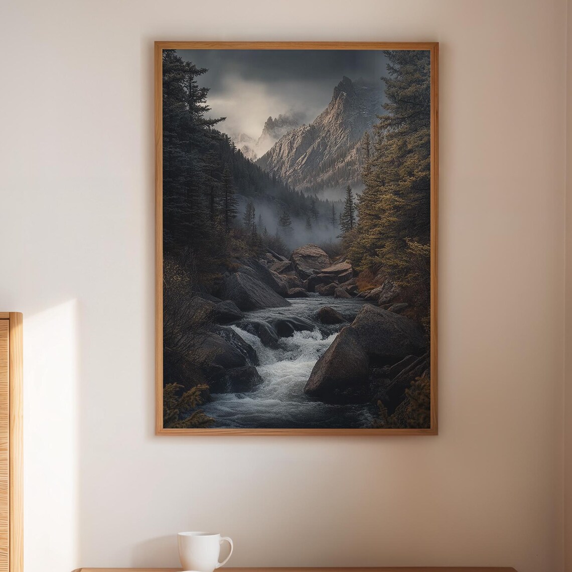 Misty Mountain River Rapids Moody Forest Landscape Nature Print