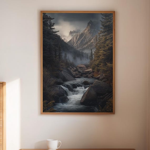 Misty Mountain River Canvas Wall Art Moody Forest Stream Landscape For Rustic Lodge Or Cabin Decor