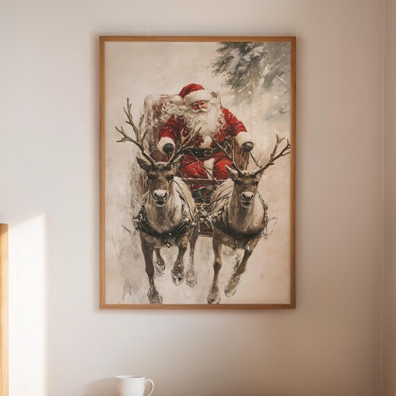 Vintage Santa In Sleigh With Reindeer Christmas Art Print