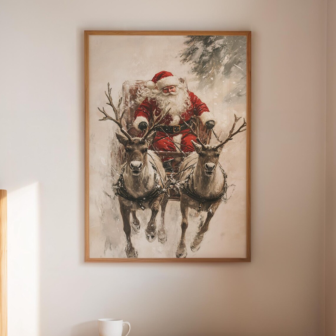 Vintage Santa In Sleigh With Reindeer Christmas Art Print