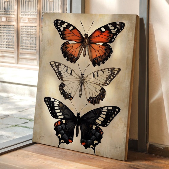 Butterfly Wall Art Trio Red White And Black Butterflies On Vintage Beige For Nature And Entomology Enthusiasts