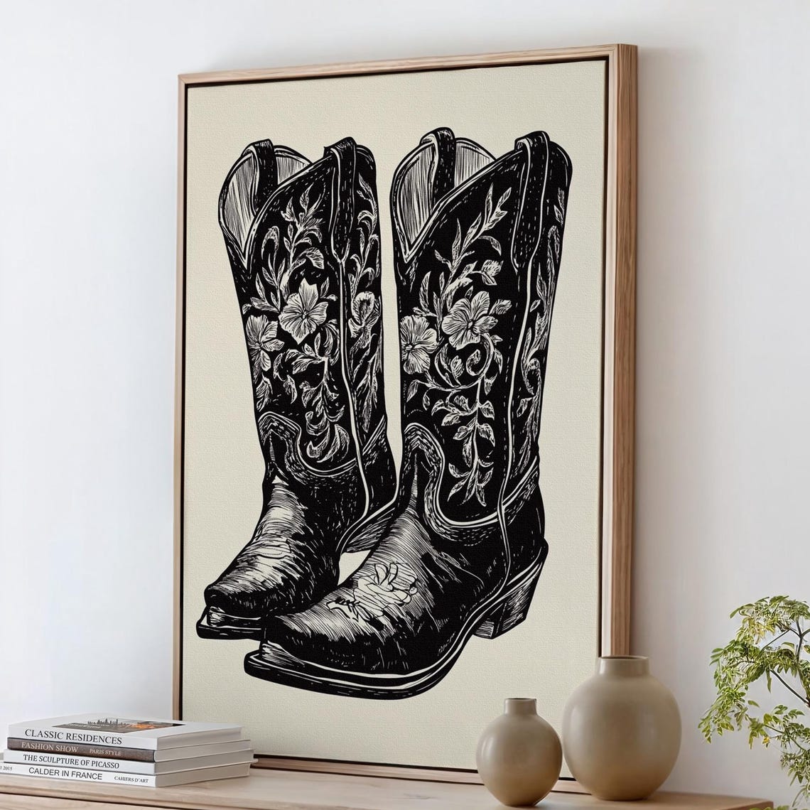 Black Cowboy Boots with White Floral Embroidery Ink Drawing Poster