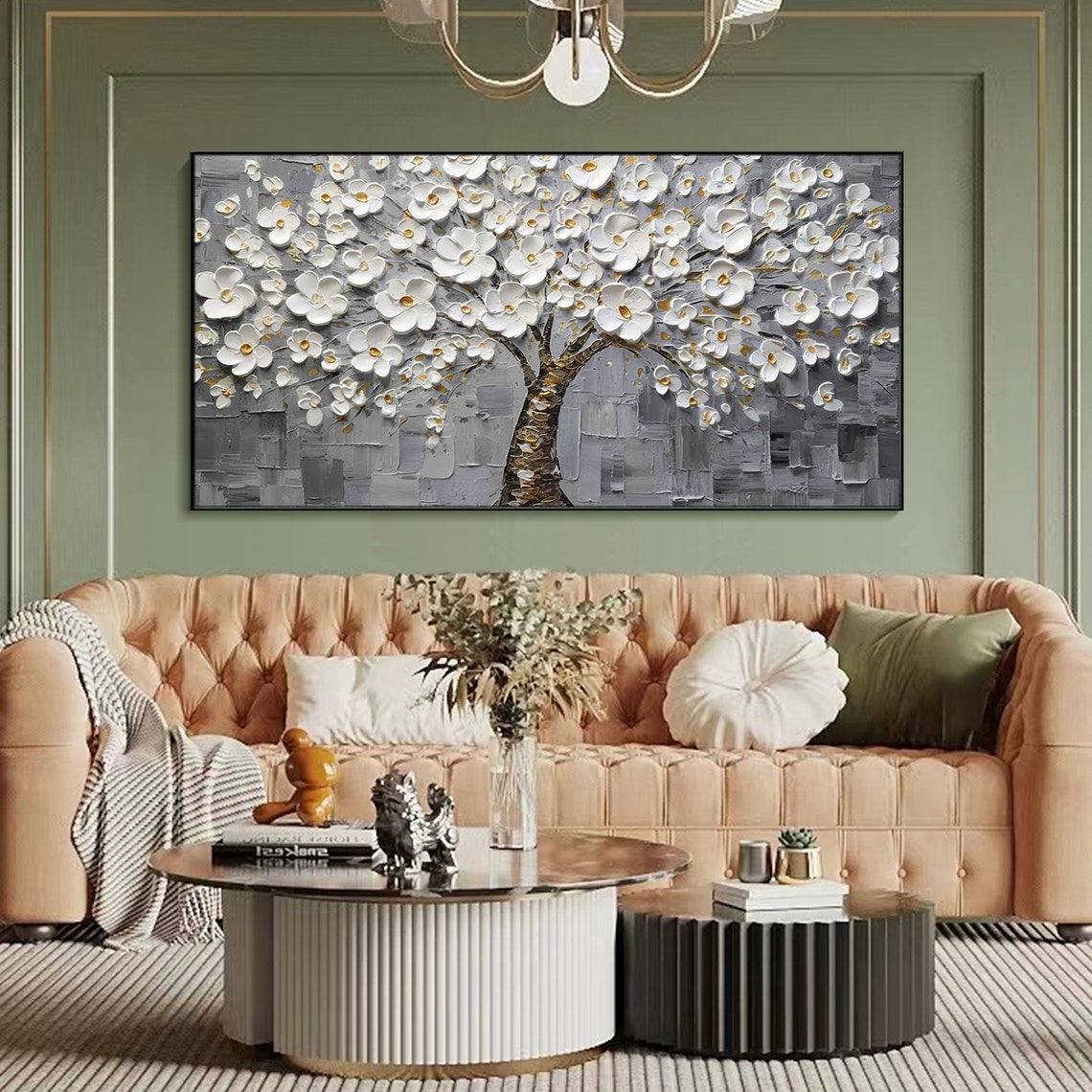 White Blossom Tree On Gray Textured Background Floral Art Poster - Image 3
