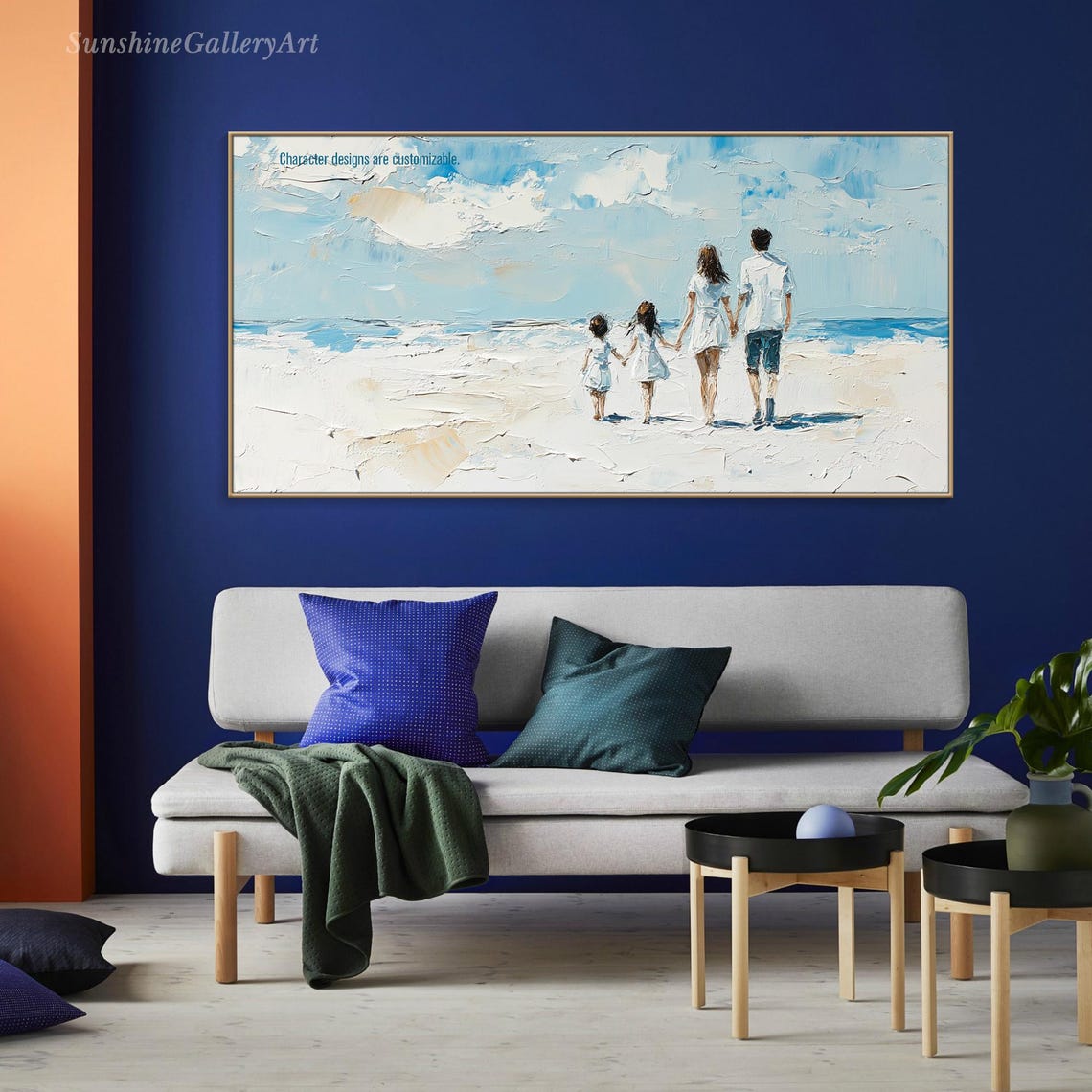 Customizable Family Of Four Walking On Sunny Beach Art Poster - Image 3