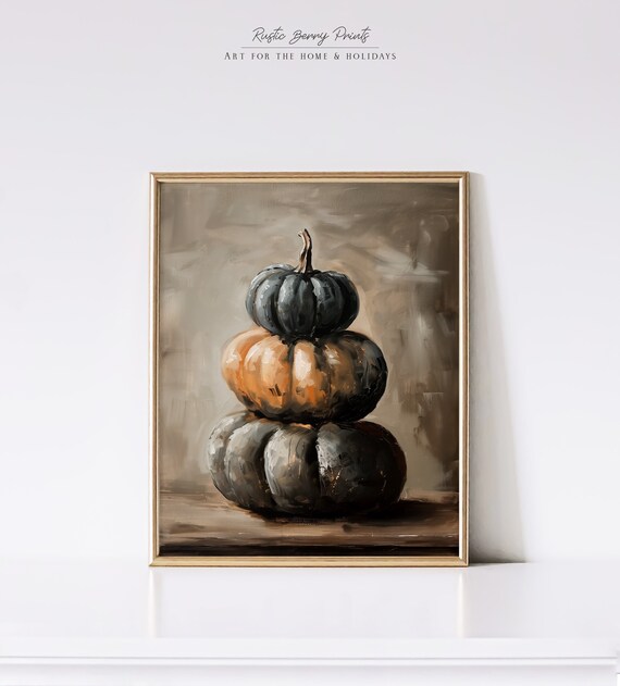Fall Painting Stack Of Fall Pumpkins Wall Art Autumn Print Moody Cottagecore Vintage Print Autumn Home Decor