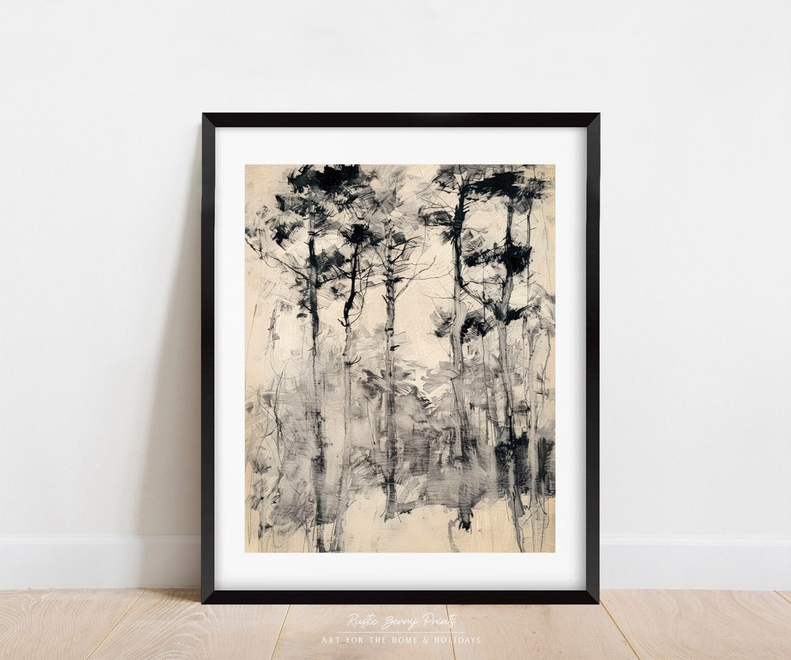 Vintage Ink Sketch Tall Pine Trees Black Beige Antique Forest Poster
