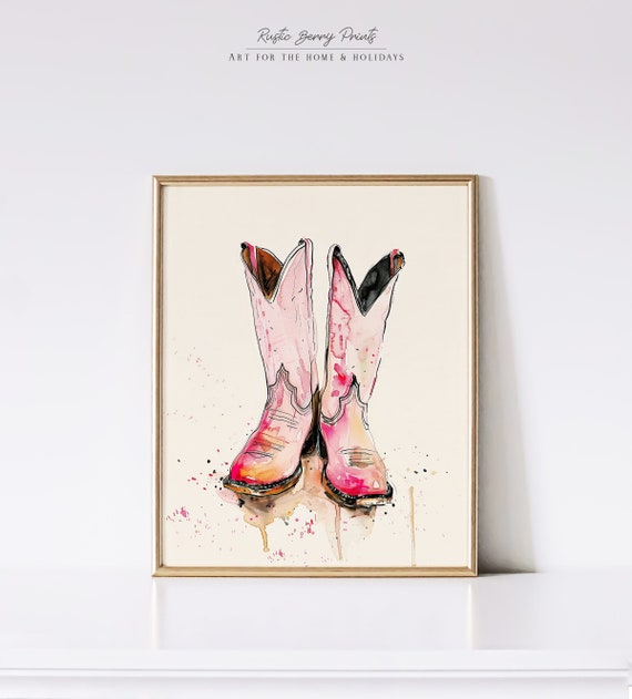 Pink Cowgirl Boots Art Print Wall Art Poster Vintage Preppy Trendy Western Decor Dorm Room Instant