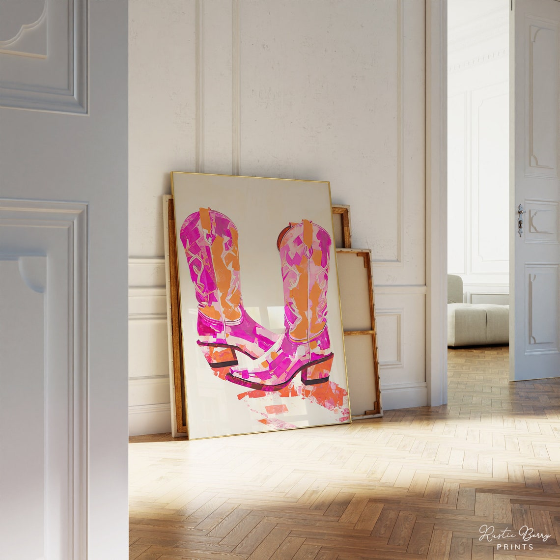Hot Pink Orange Painted Cowboy Boots Bold Western Pop Wall Art
