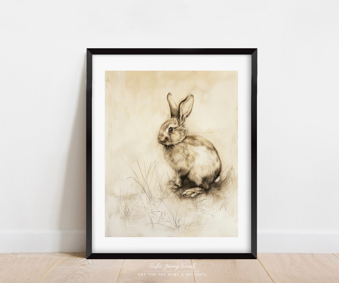 Alert Brown Bunny With Bent Ear Sepia Sketch Vintage Rabbit Drawing Print - Image 3