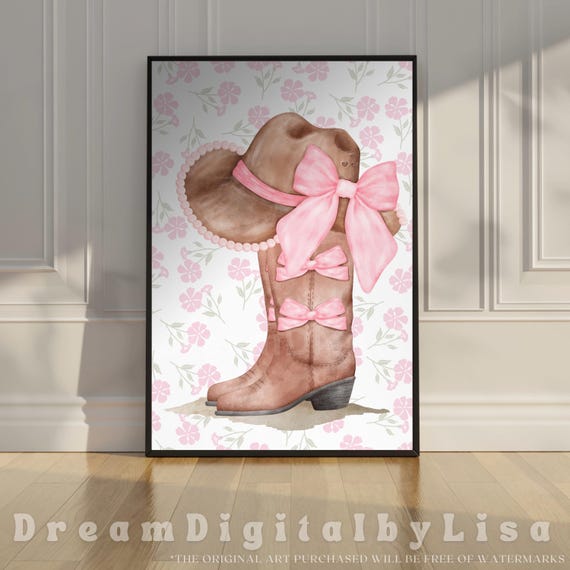 Coquette Cowgirl Watercolour Print Trendy Cowgirl Boots Cowgirl Hat Pink Bows Coquette Aesthetic Western Coquette Bow Art