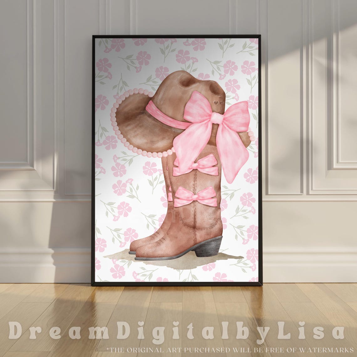 Coquette Cowgirl Watercolour Print Trendy Cowgirl Boots Cowgirl Hat Pink Bows Coquette Aesthetic Western Coquette Bow Art