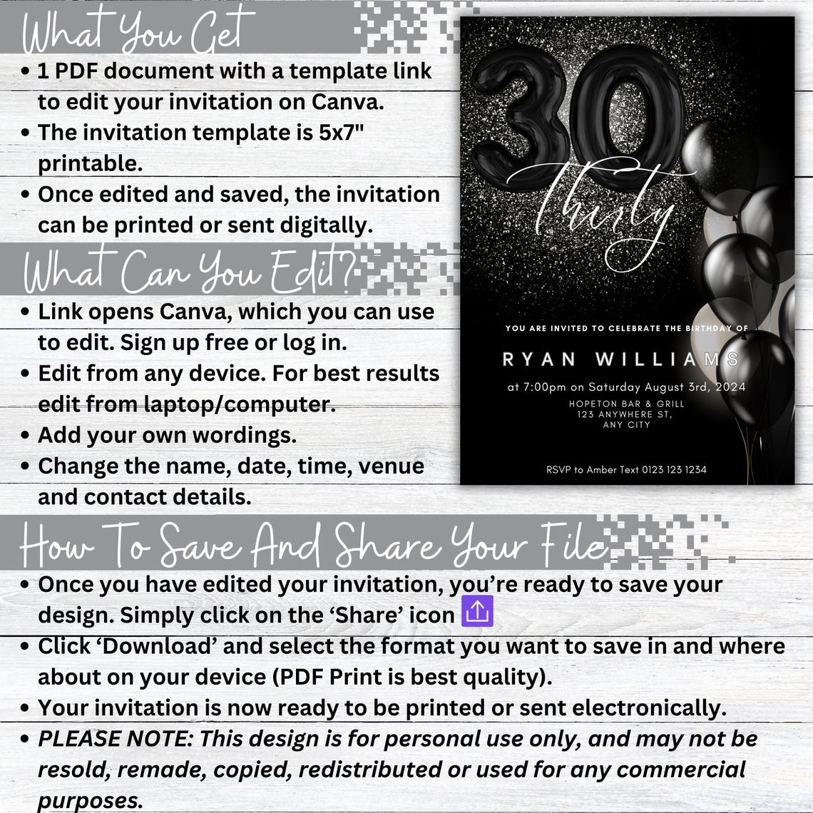 Personalized Black Glitter 30th Birthday Invitation Template Poster - Image 2
