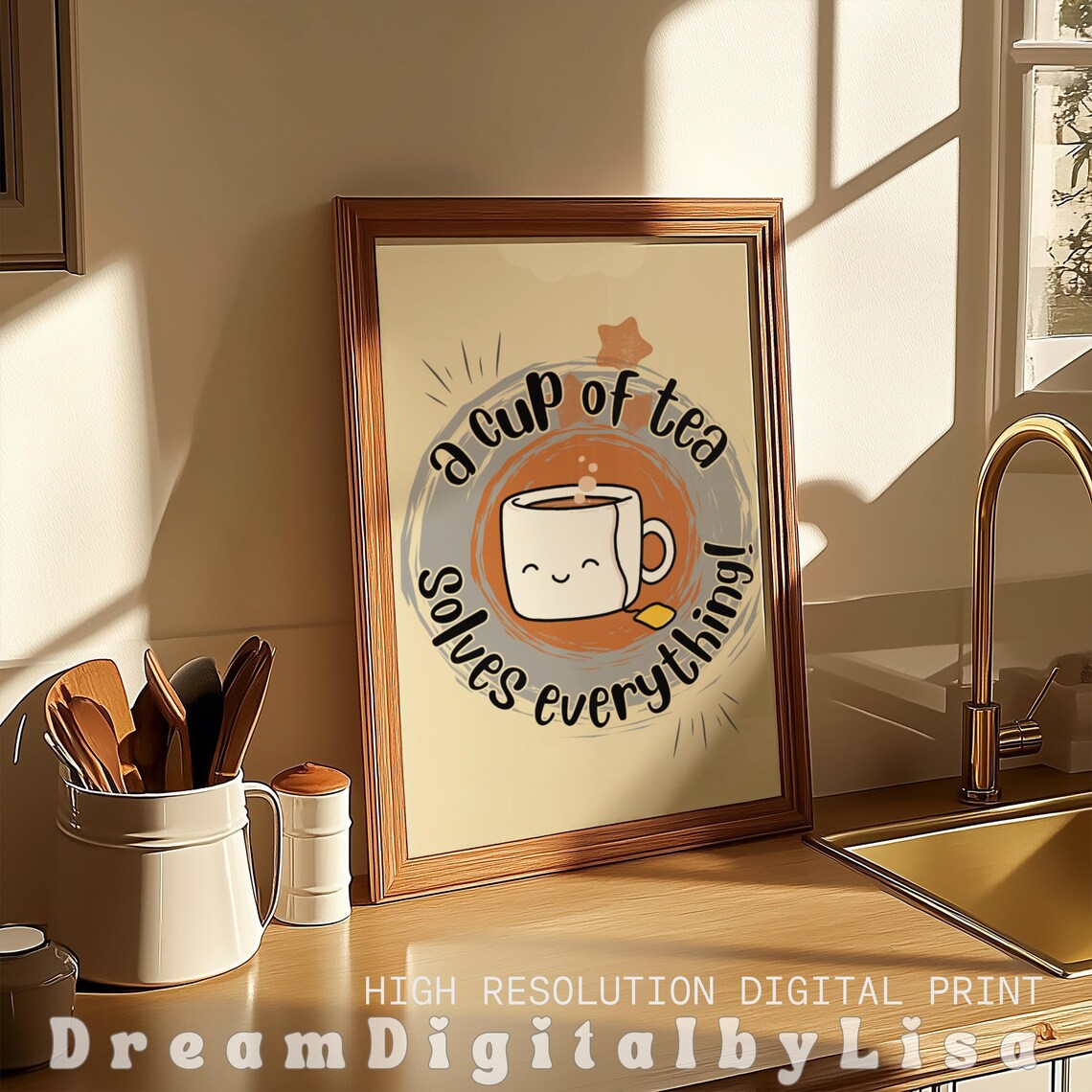 Kitchen Print A Cup Of Tea Solves Everything Tea Lover Gifts Trendy Wall Art Tea Prints Funny Kitchen Office Decor Instant - Image 2