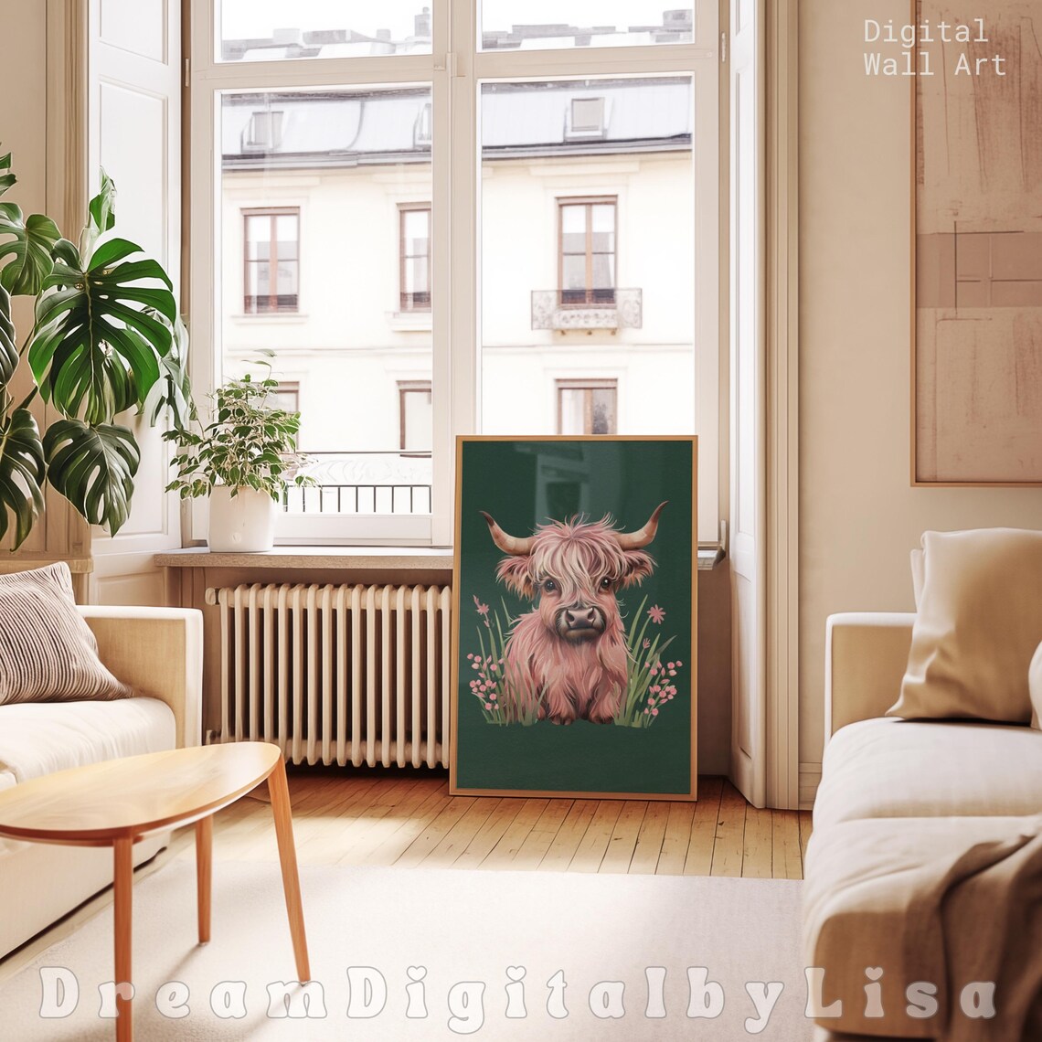 Pink Highland Cow On Green, Farmhouse Whimsy Art Print - Image 2