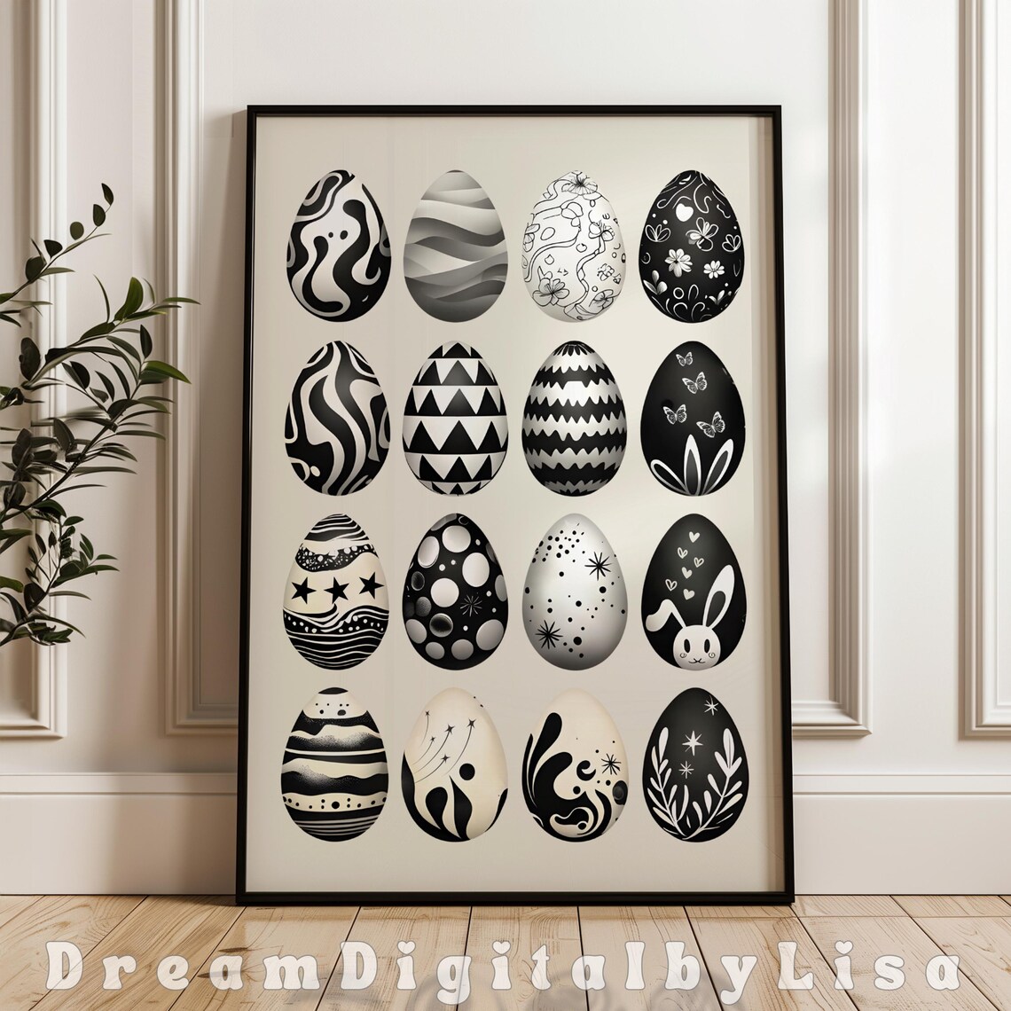 Easter Eggs Monochrome Art Print, Modern Spring Decor