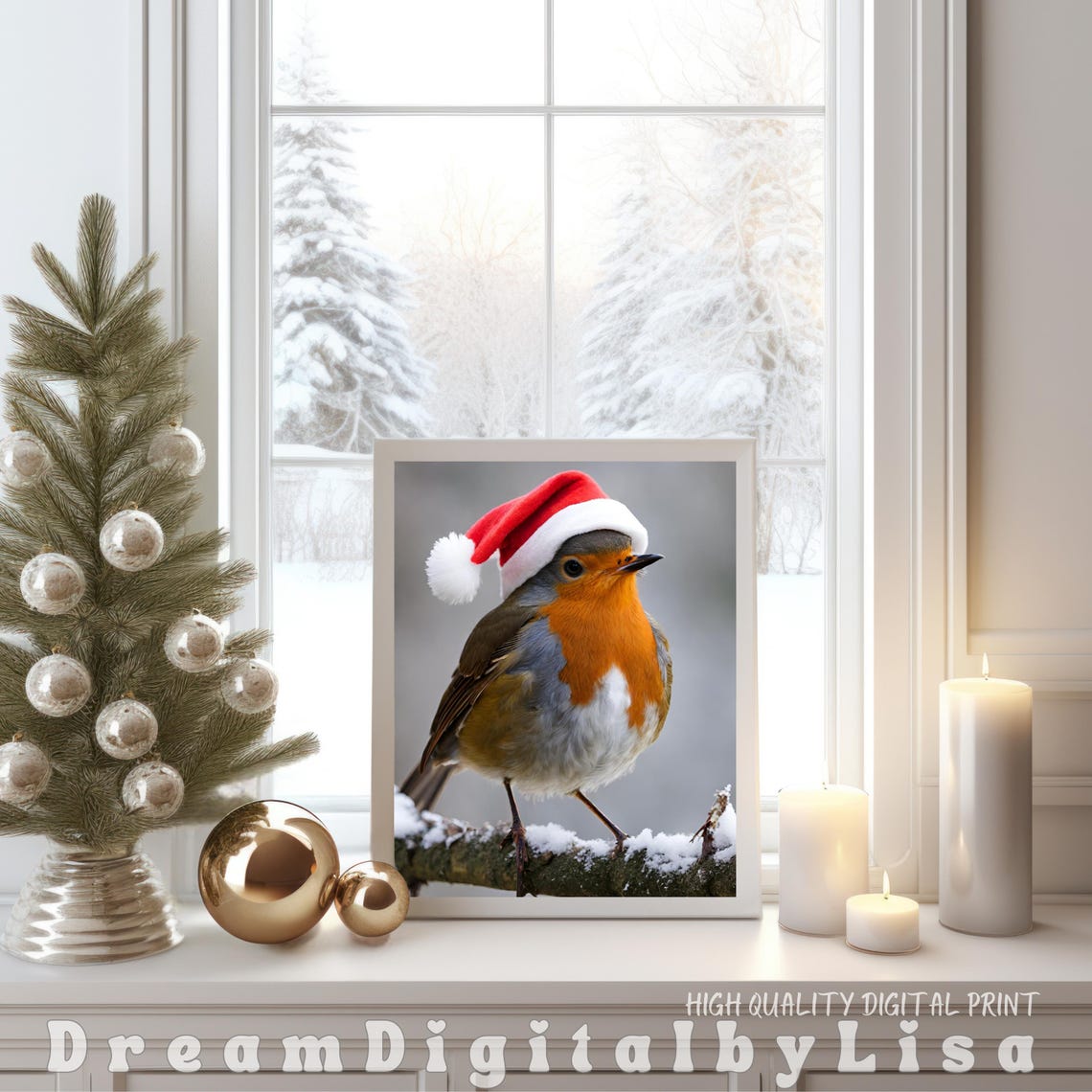 Christmas Robin Wearing Santa Hat Snowy Winter Bird Scene Poster - Image 3