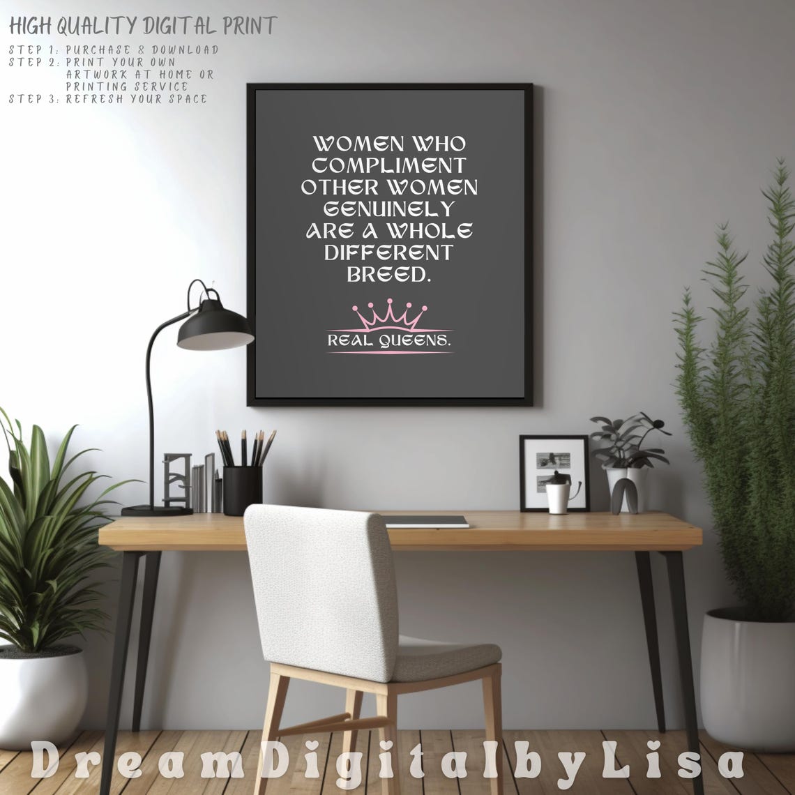 Real Queens Empowerment Quote Pink Crown Feminist Wall Poster - Image 3