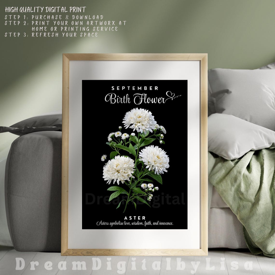 September Birth Flower Aster White Botanical Floral Gift Poster - Image 3