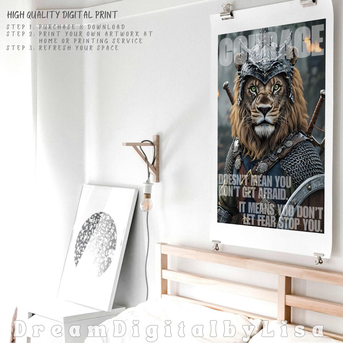 Courage Lion Warrior Poster Armored Lion Motivational Quote Artwork - Image 2