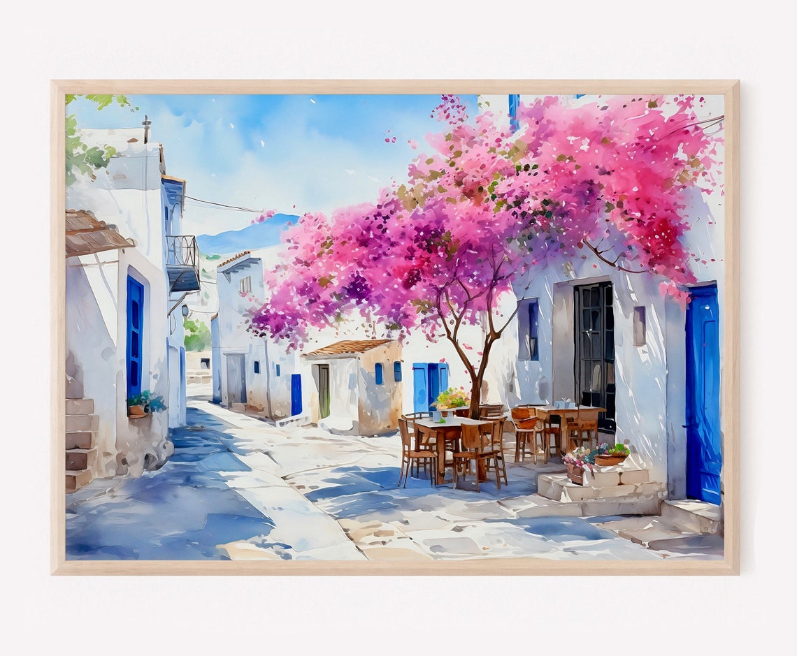 Greek Island Village Street Watercolor Mediterranean Print Summer Art