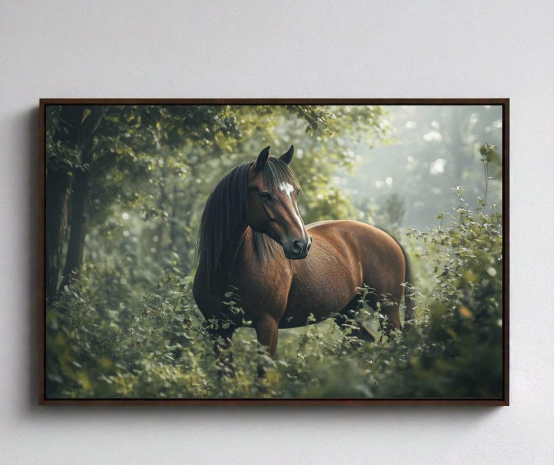Brown Horse Sunlit Green Forest Clearing Peaceful Scene Poster