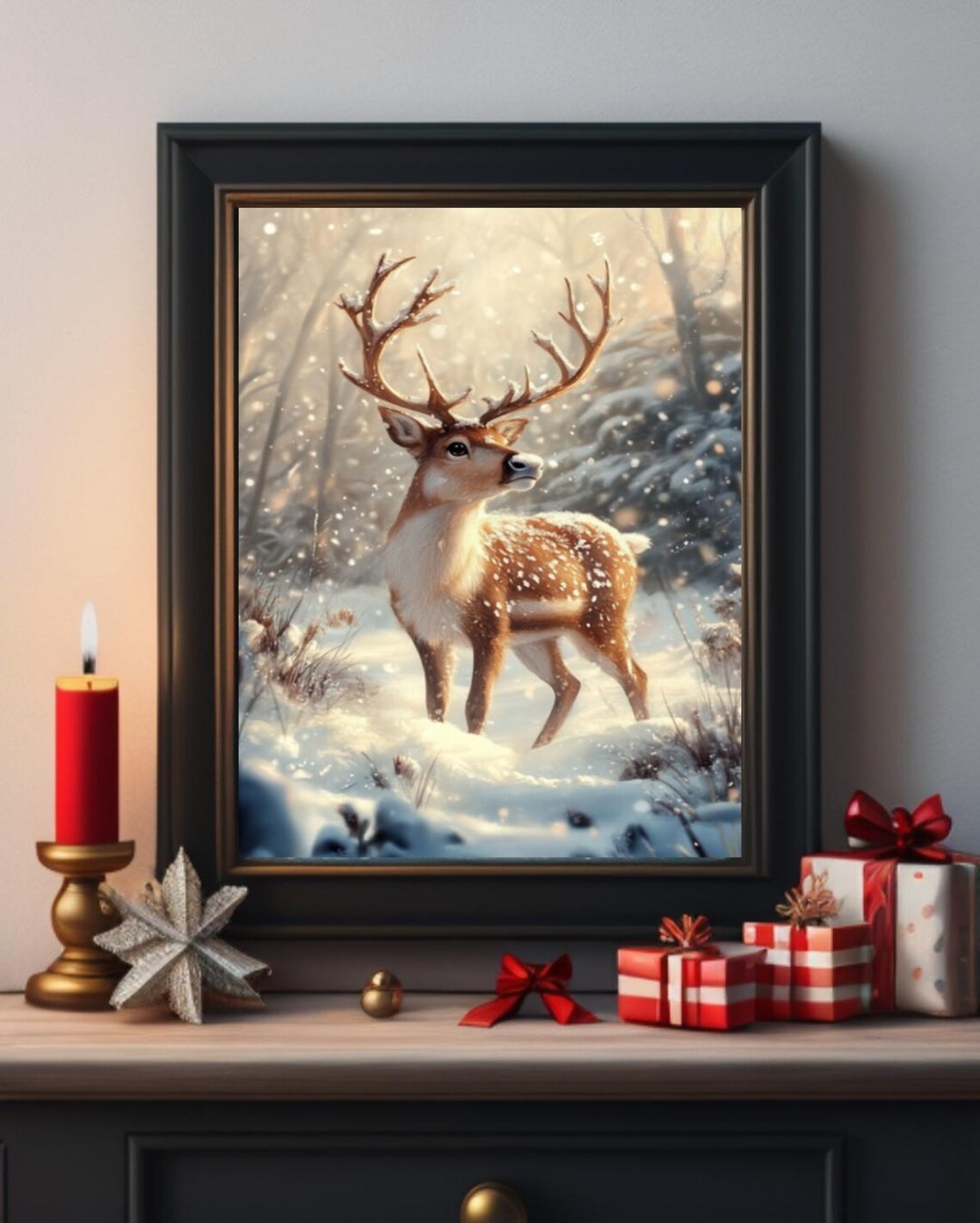 Christmas Reindeer Winter Scene Art Print