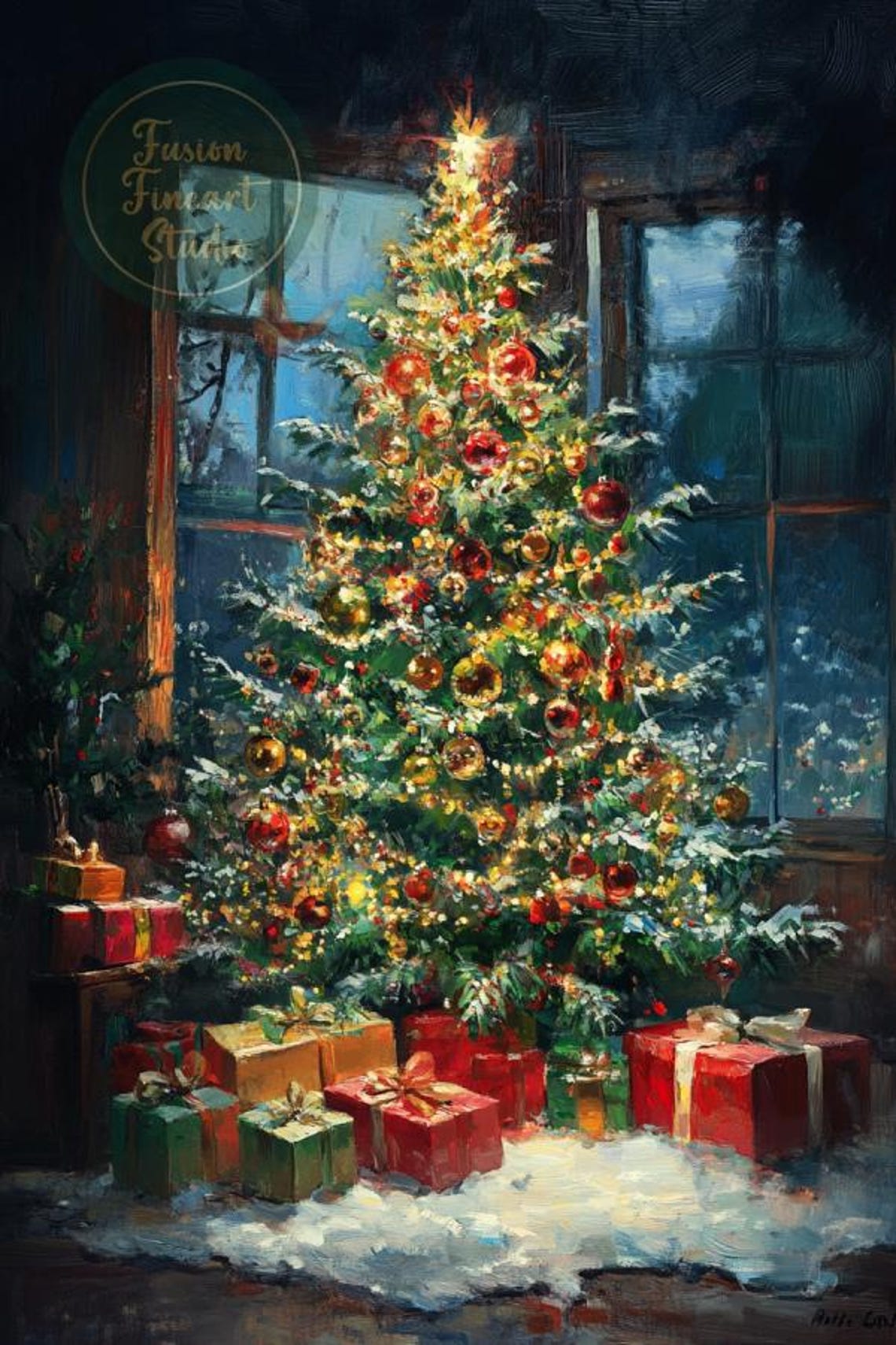 Christmas Tree Night Glowing Presents Snow Window Classic Poster - Image 3