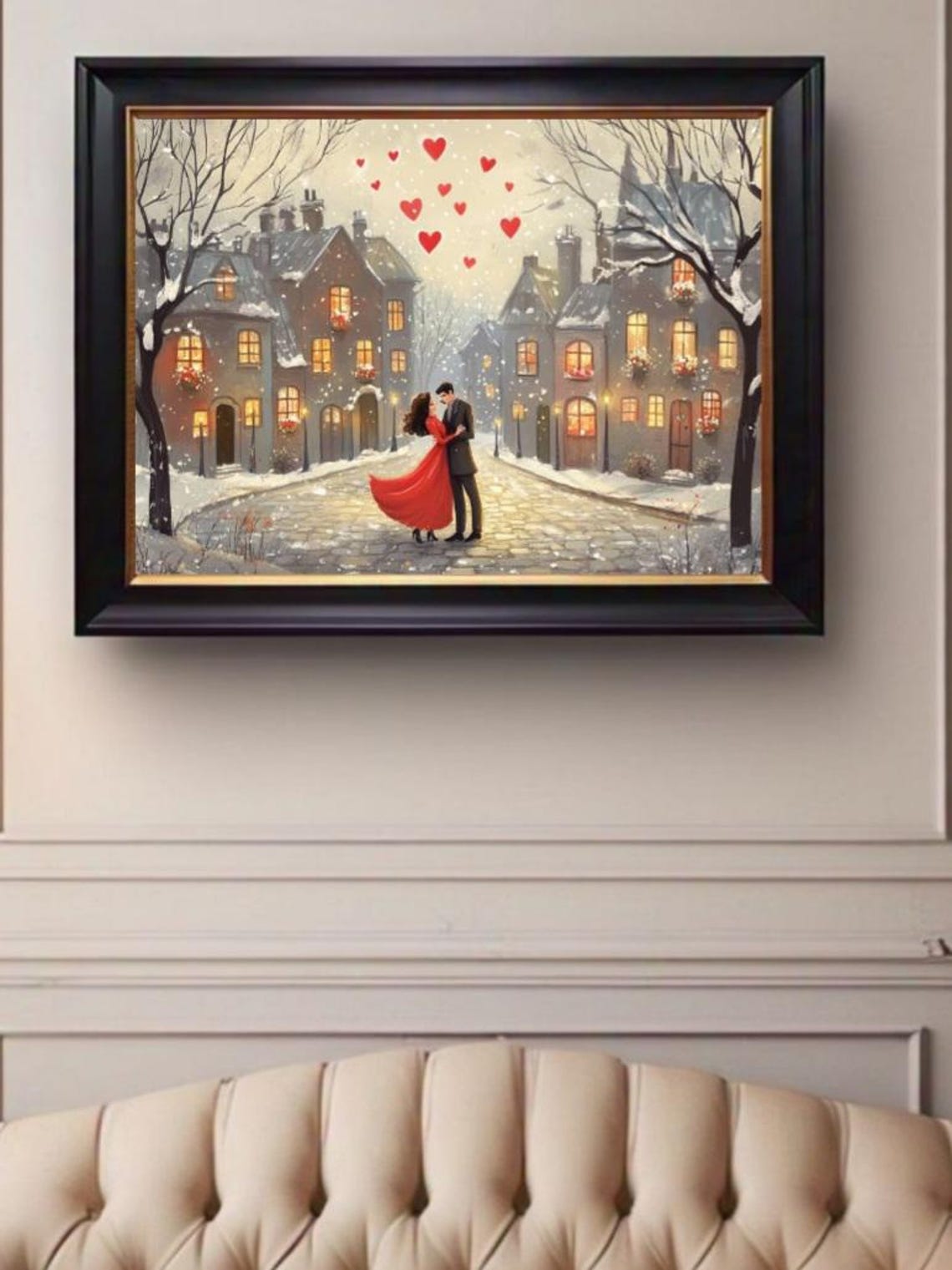 Couple Kissing Snowy Cobblestone Street Floating Hearts Poster - Image 2
