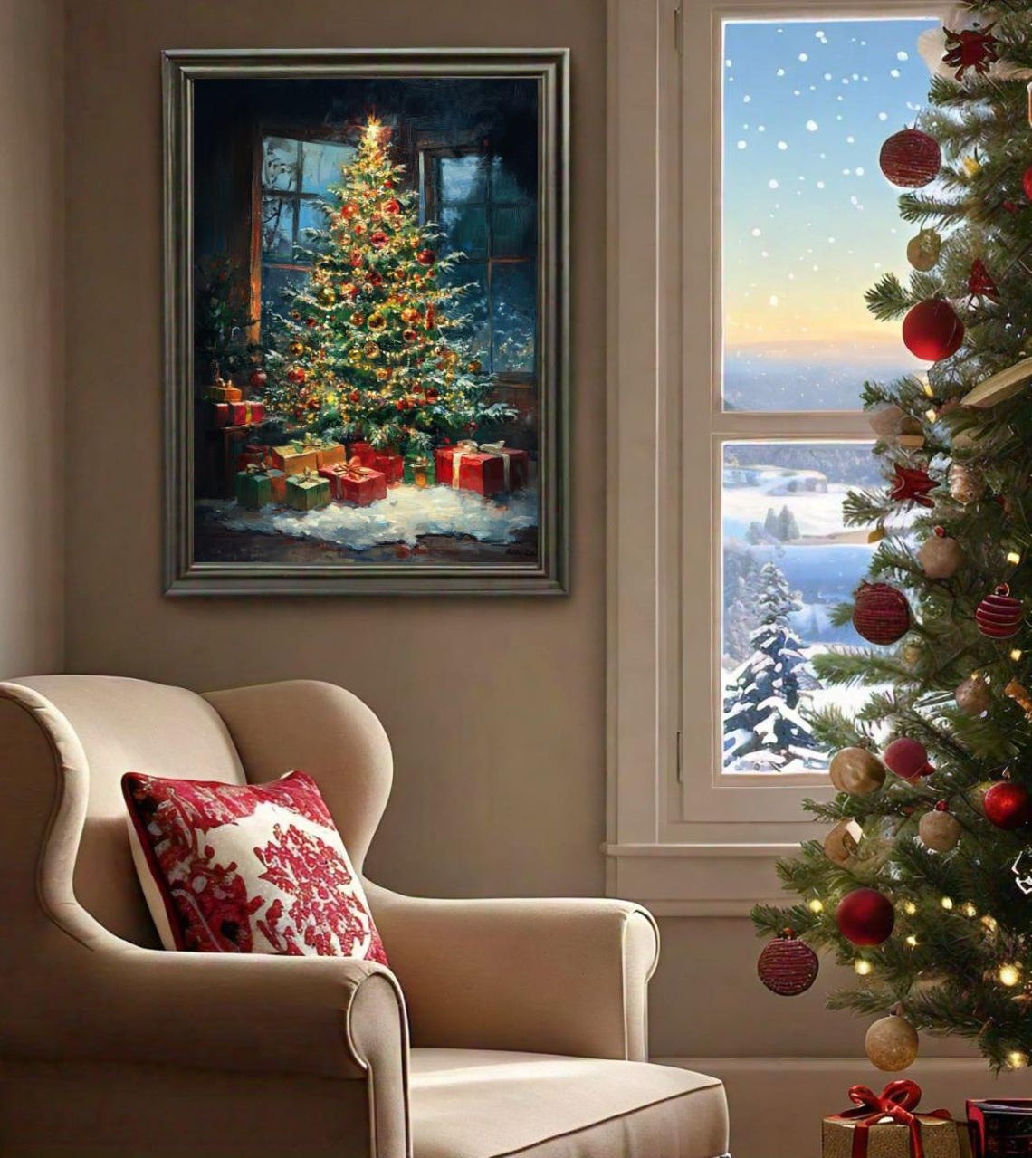Christmas Tree Night Glowing Presents Snow Window Classic Poster - Image 2