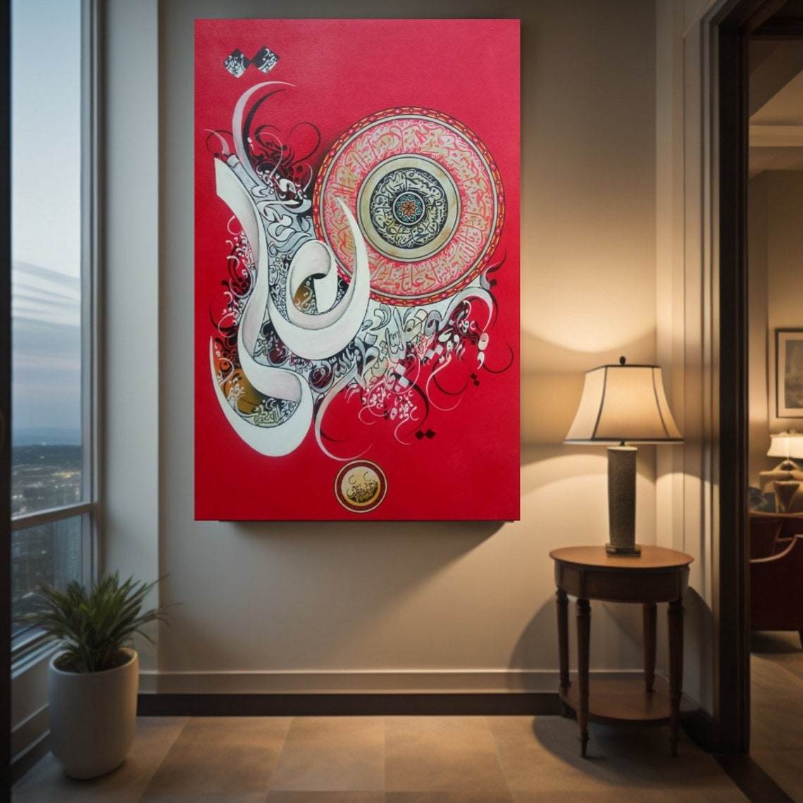 Red Crimson Islamic Calligraphy Medallion Tall Vertical Art Poster